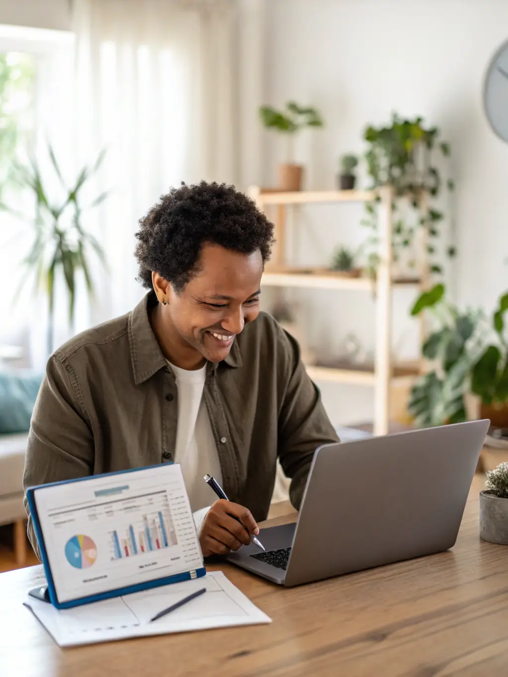 A successful South African entrepreneur confidently managing their wealth, with charts and graphs illustrating financial growth and stability.