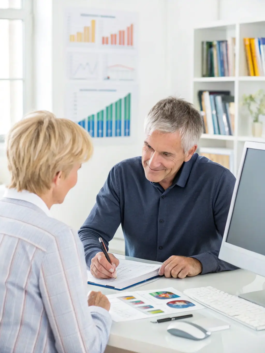 A professional South African financial consultant in a modern office, reviewing investment portfolios with a client, showcasing personalized financial advice.