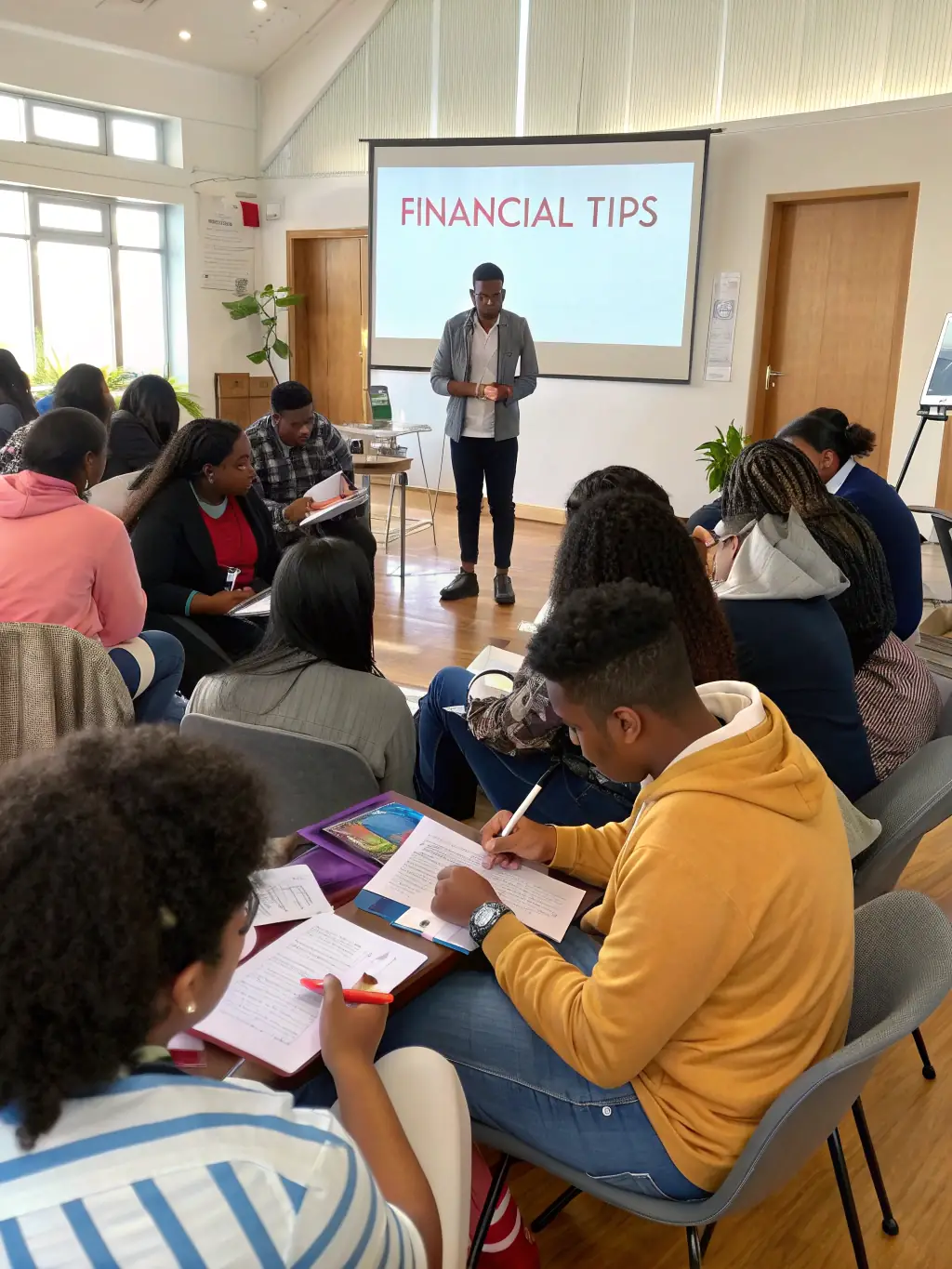 A diverse group of South African individuals attending a financial literacy workshop, learning about budgeting, saving, and investment strategies.