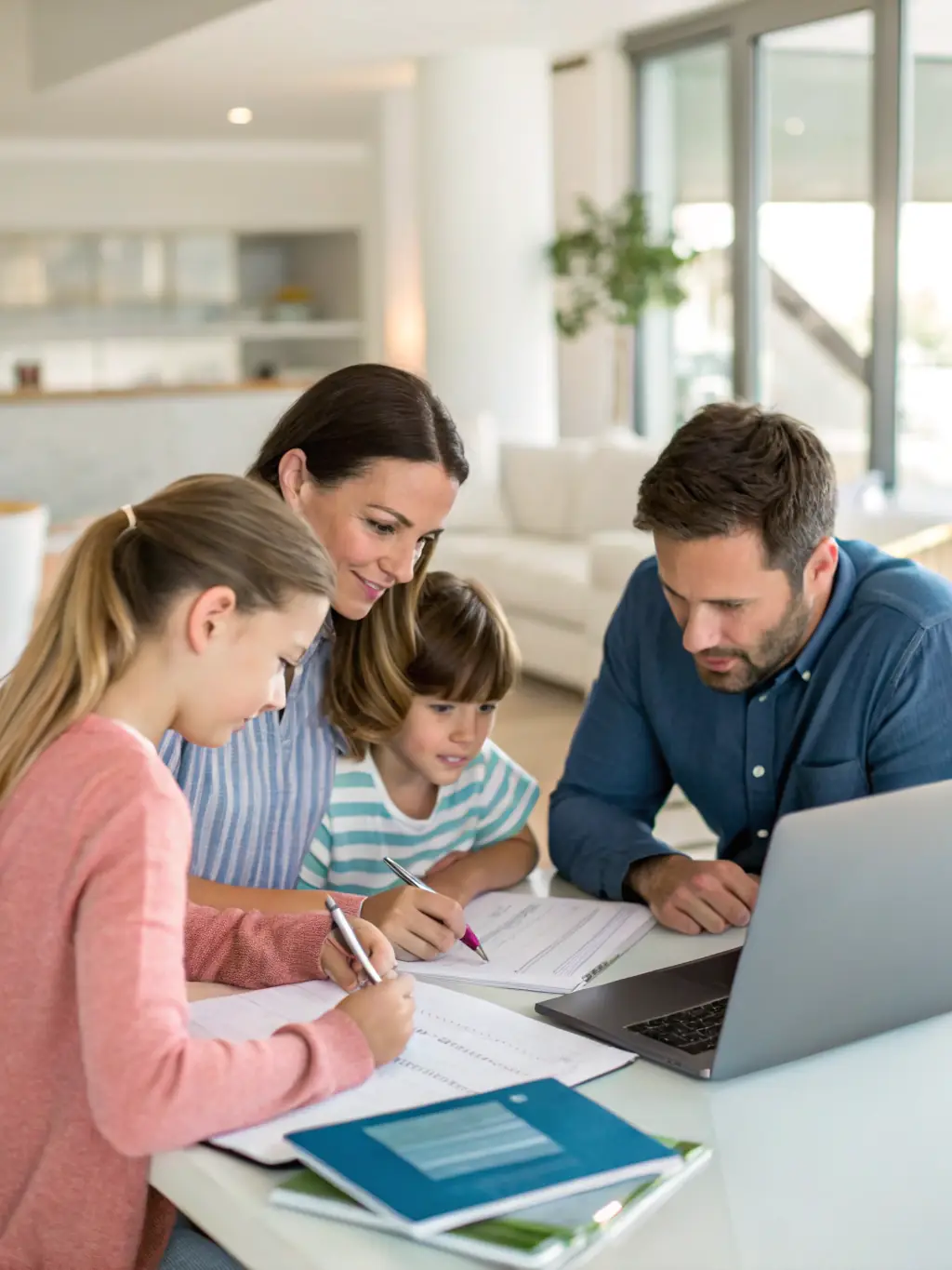 A South African family happily gathered around a table, planning their retirement with the help of financial projections and retirement planning documents.